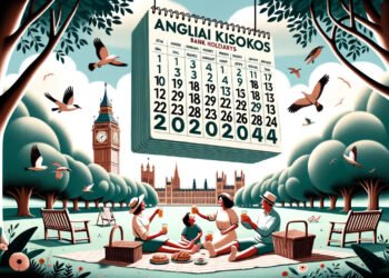 illusztráció egy angol parkról ahova egy hatalmas naptár lelóg, háttérben a big ben, ünnepnap Angliában