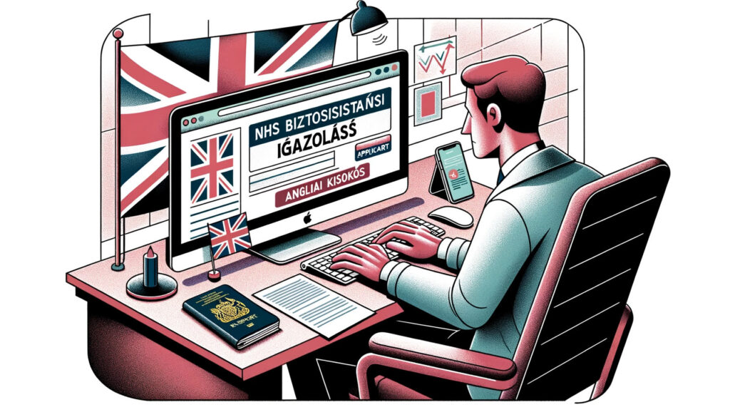 Illustration of an individual seated at a desk, focused on completing an online application on their computer for the 'NHS Biztosítási Igazolás'.