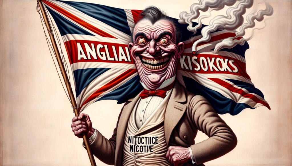 egy nicotint megvalosito figura mergesen boldog es agy brit zaszlot tart a kezeben angliai kisokos felirattal