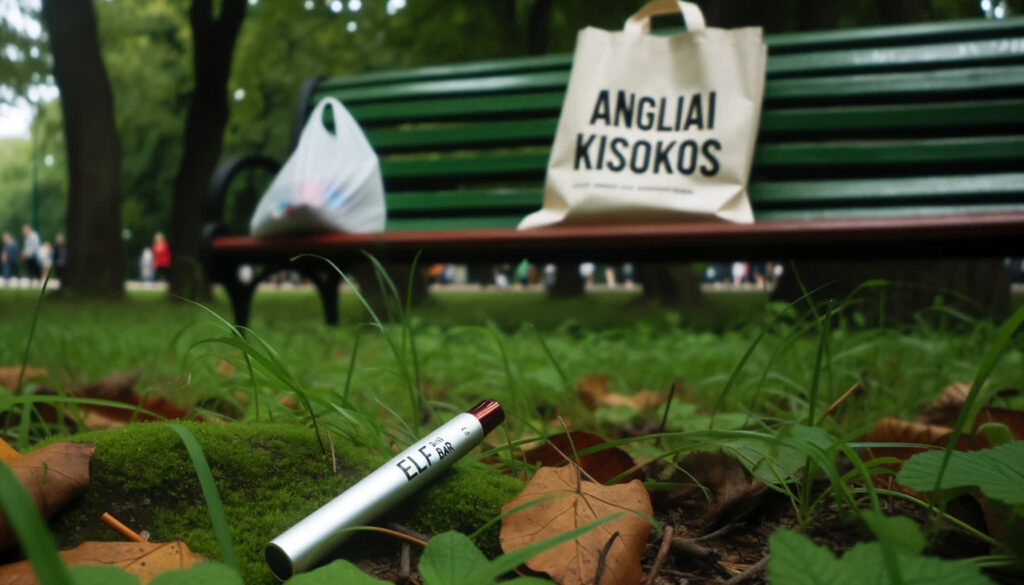 egy parkban elodobott ecigaretta ami szenyezi a kornyezetet