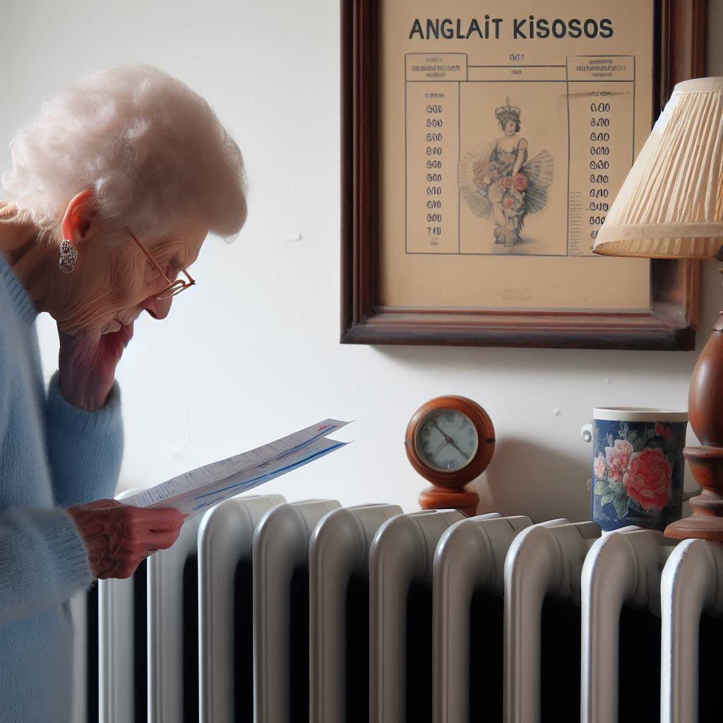 idős hölgy nézi a fűtés számlát a radiátor előtt 