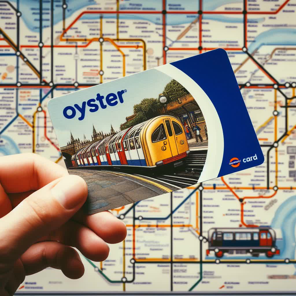 Egy kép egy kezében tartott Oyster Cardról, a háttérben a londoni metró térképével és egy vonattal, amely egy forgalmas metróállomáson áll meg.