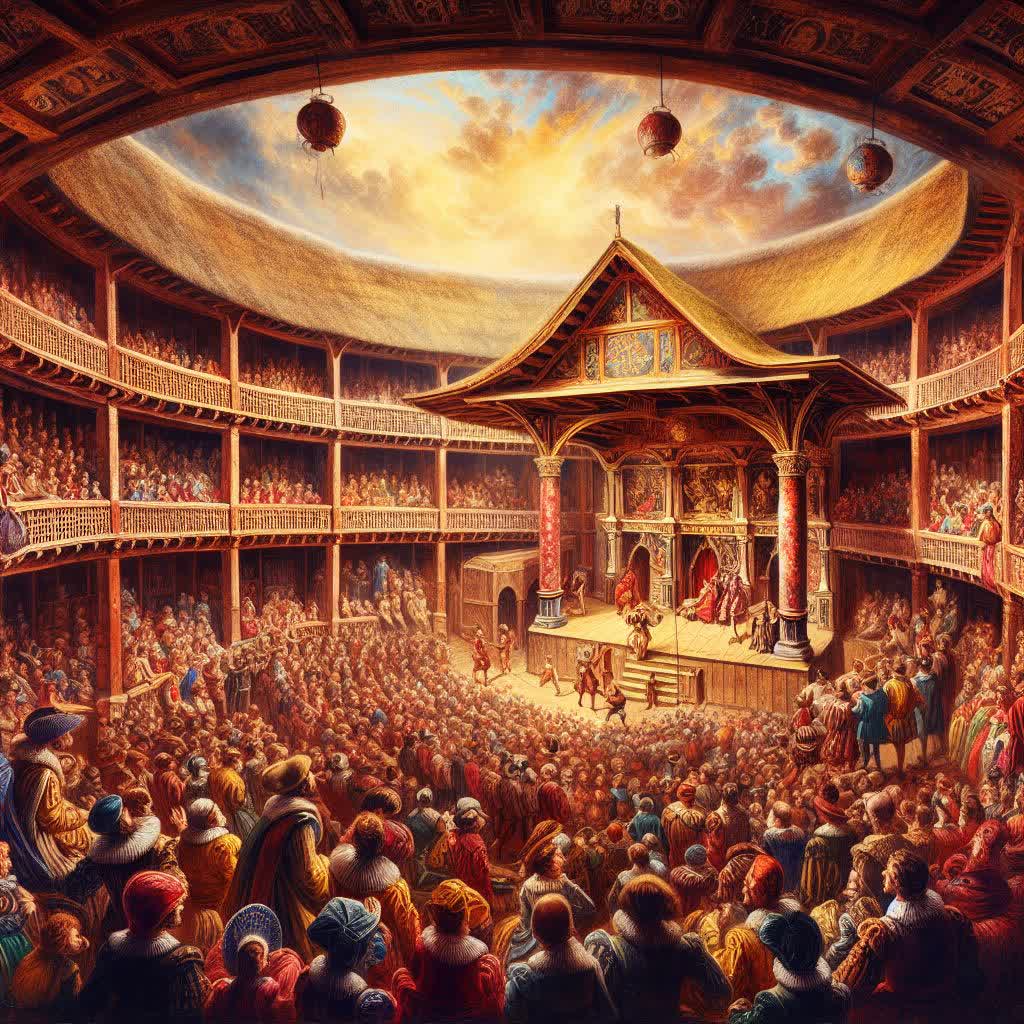Egy élénk kép a Globe Theatre-ről, Shakespeare idejében, a nézőkkel és az aktorokkal, miközben egy előadás zajlik a színpadon.