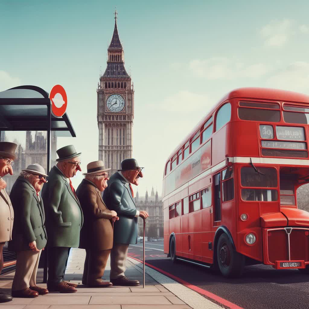 Egy humoros kép a londoniakról, akik türelmesen várnak egy buszmegállóban, a háttérben egy ikonikus vörös busz és a Big Ben torony.