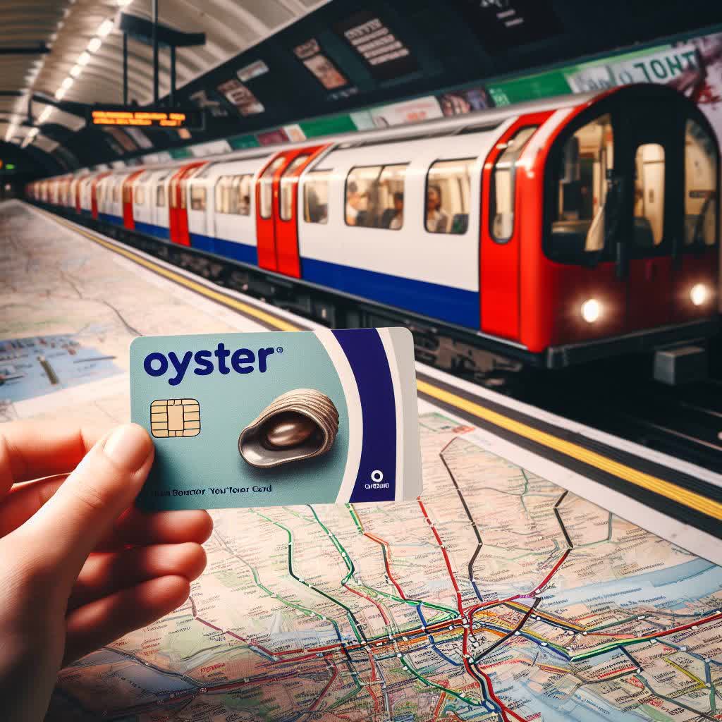Egy kép egy kezében tartott Oyster Cardról, a háttérben a londoni metró térképével és egy vonattal, amely egy forgalmas metróállomáson áll meg.