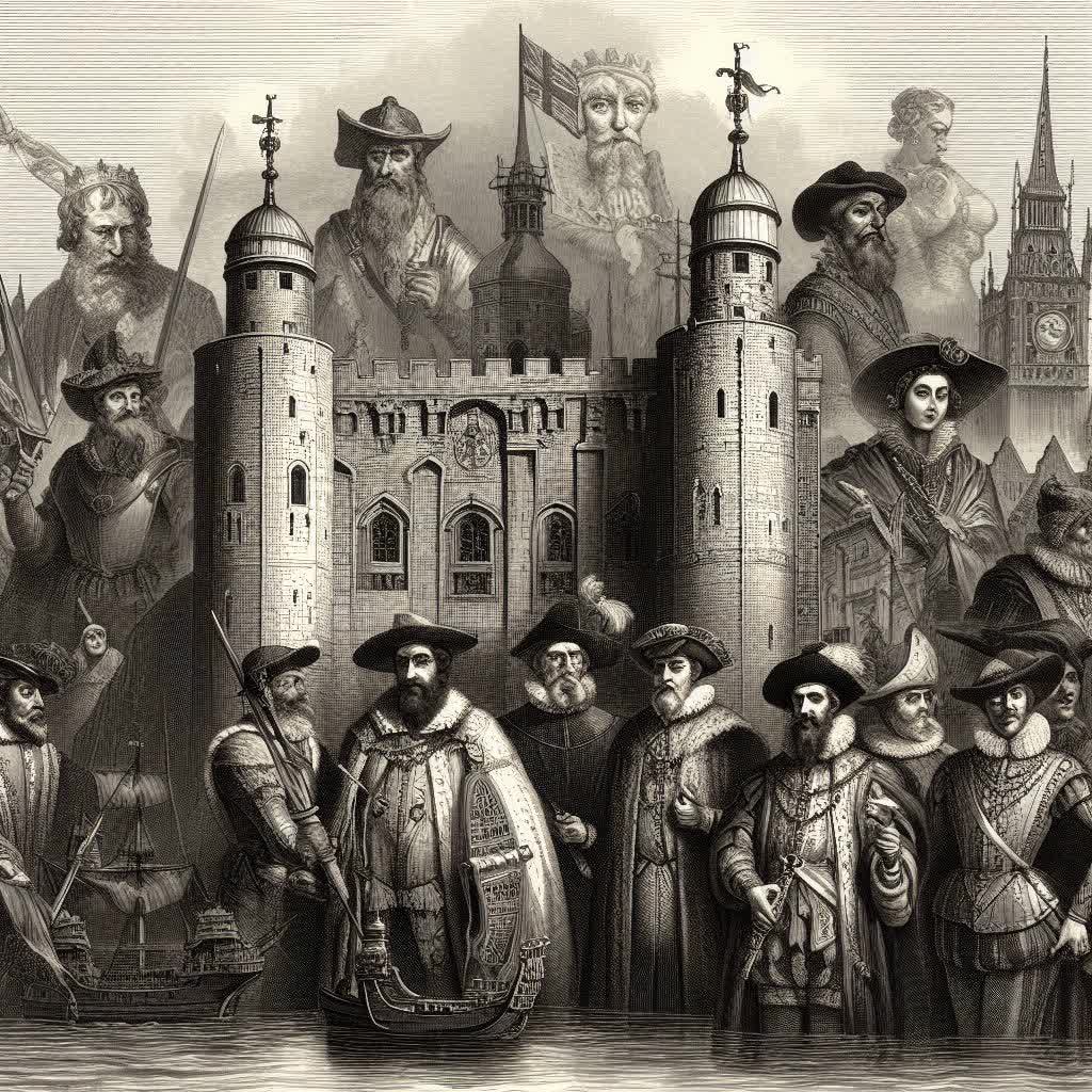 Egy illusztráció a Tower of Londonról a 16. században, több híres történelmi karakterrel