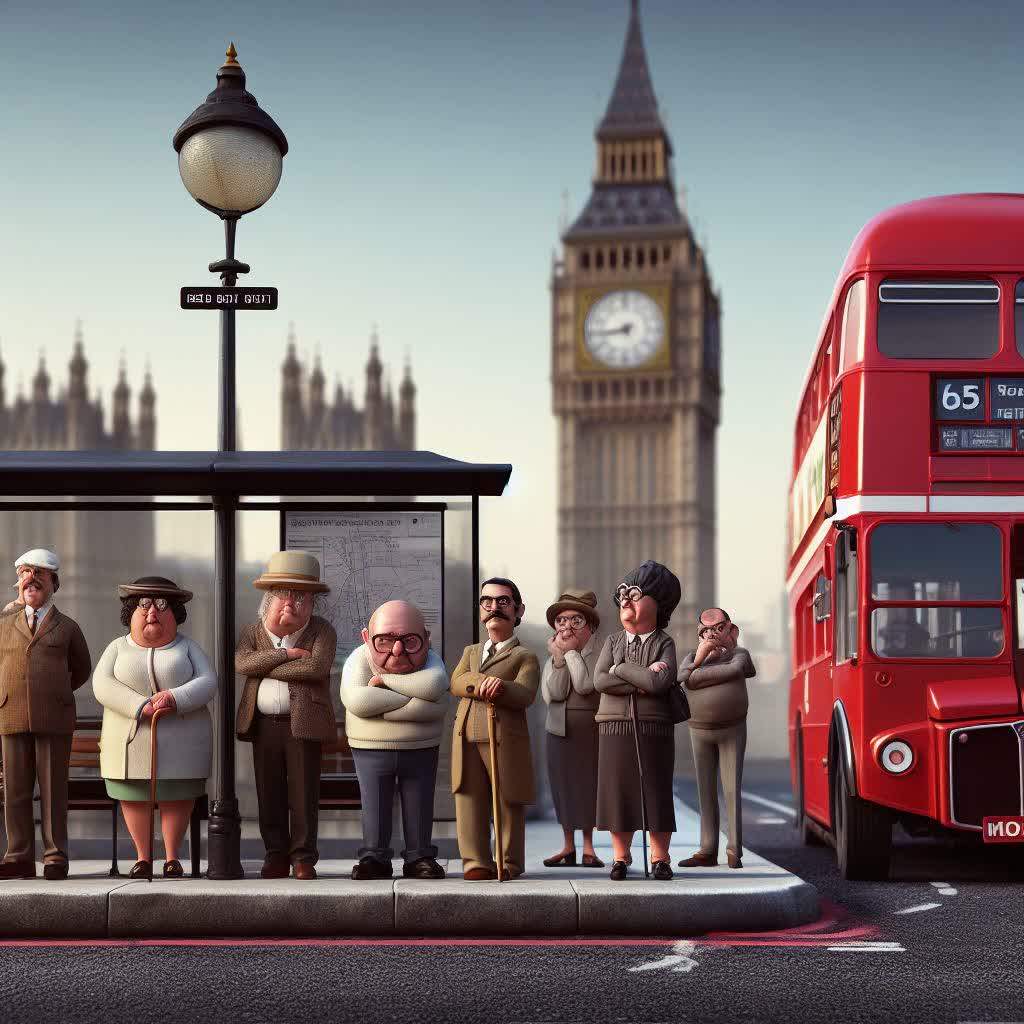 Egy humoros kép a londoniakról, akik türelmesen várnak egy buszmegállóban, a háttérben egy ikonikus vörös busz és a Big Ben torony.