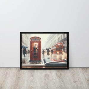 Rainy London Street Umbrellas Phone Box Double-decker Framed canvas