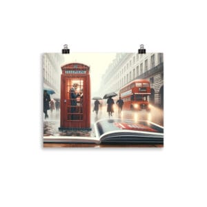 Rainy London Street Umbrellas Phone Box Double-decker Photo Paper Poster
