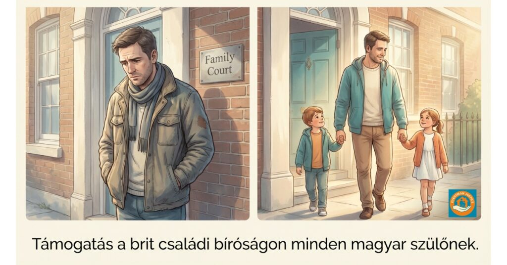 Magyar apa a brit családi bíróság előtt – előtte bizonytalan, utána gyermekeivel magabiztosan távozik.