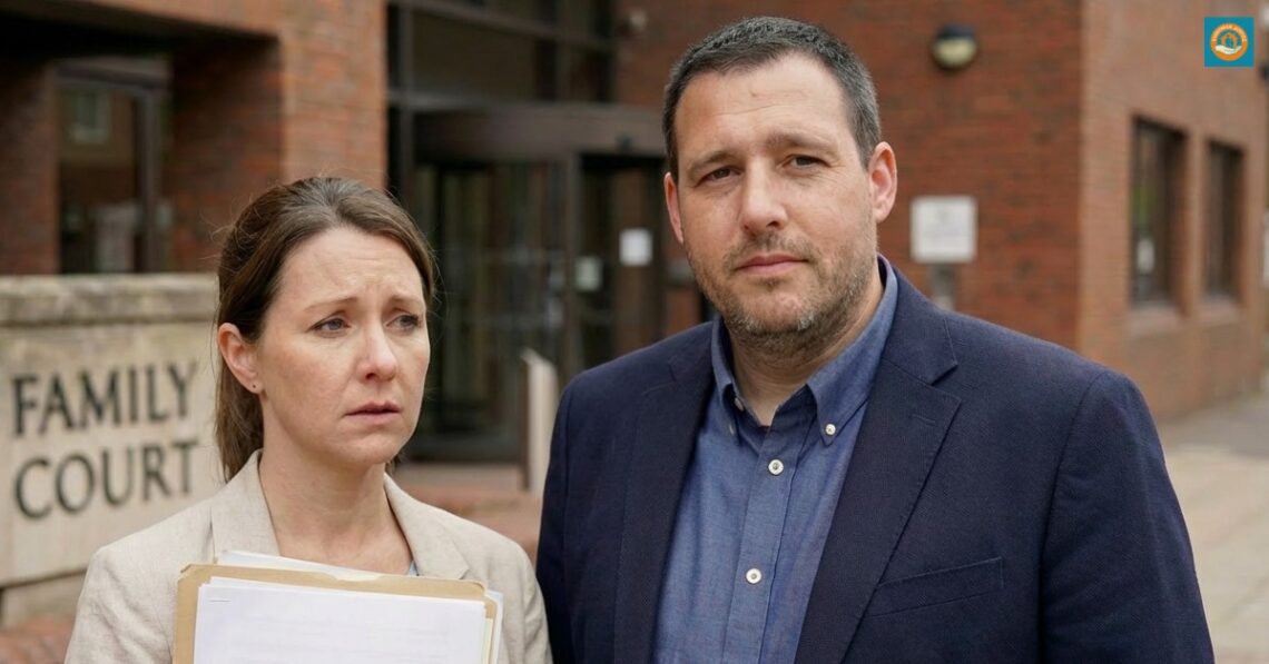 Magyar szülőt támogató McKenzie Friend a brit családi bíróság bejáratánál.